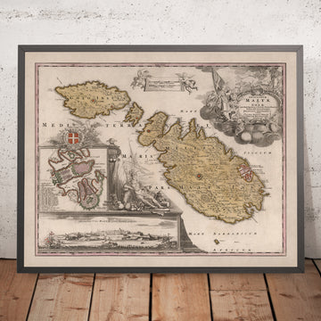 Antigua mapa de Malta por Homann, 1788: La Valeta, Mdina, fortificaciones, barcos 