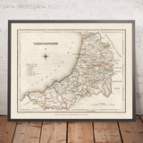 Antica mappa del Ceredigion, Galles, di Lewis, 1844: Cardigan Bay, Aberystwyth, Cardigan, Lampeter 