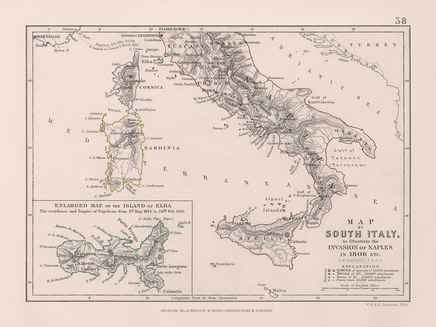 Mapa militar antiguo de la invasión de Nápoles por Napoleón, 1806: Nápoles, Roma, Elba, Sicilia, Calabria