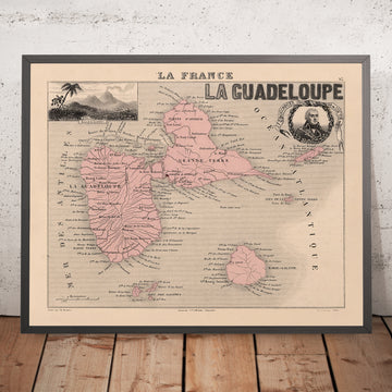Ancienne carte de la Guadeloupe par Vuillemin, 1869 : Pointe-à-Pitre, Basse-Terre, Grande-Terre, Marie-Galante, canne à sucre 