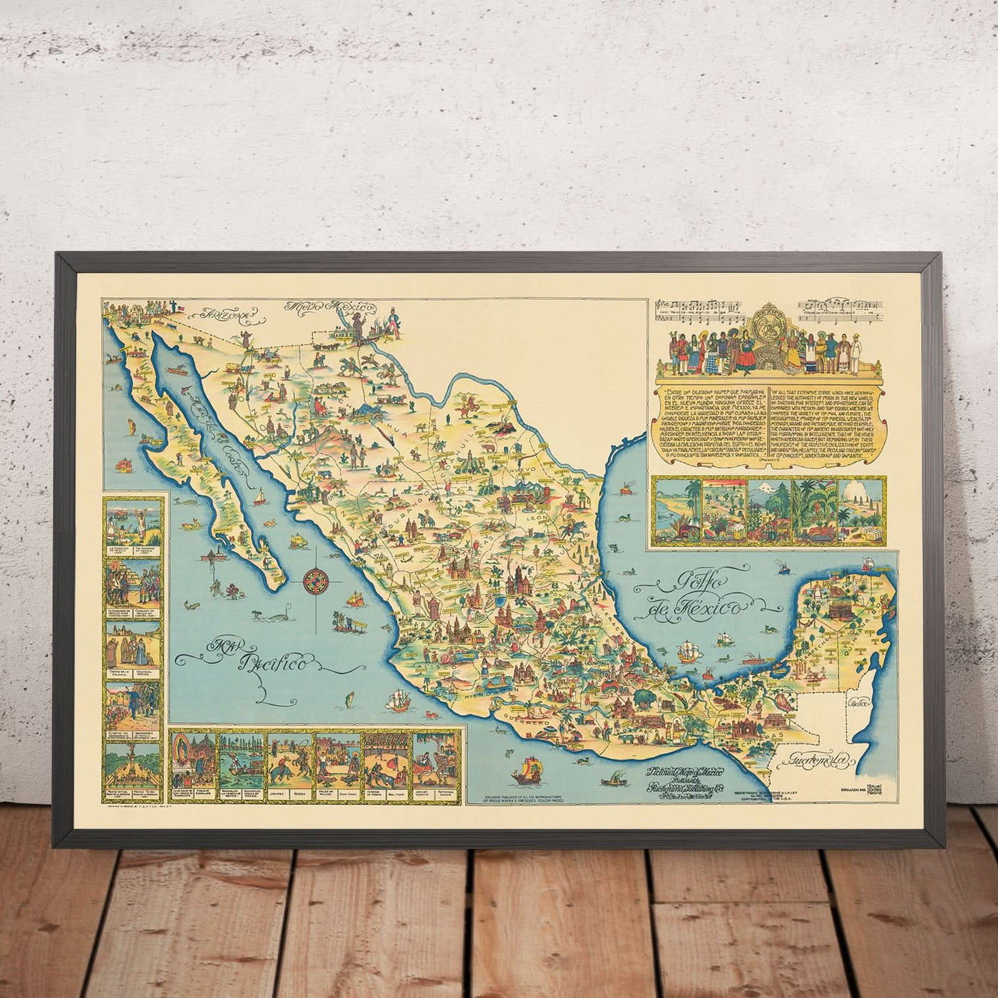 Mapa pictórico antiguo de México de Fischgrund, 1950: Ciudad de México, Pico de Orizaba, Océano Pacífico, Golfo de México, Ilustraciones culturales