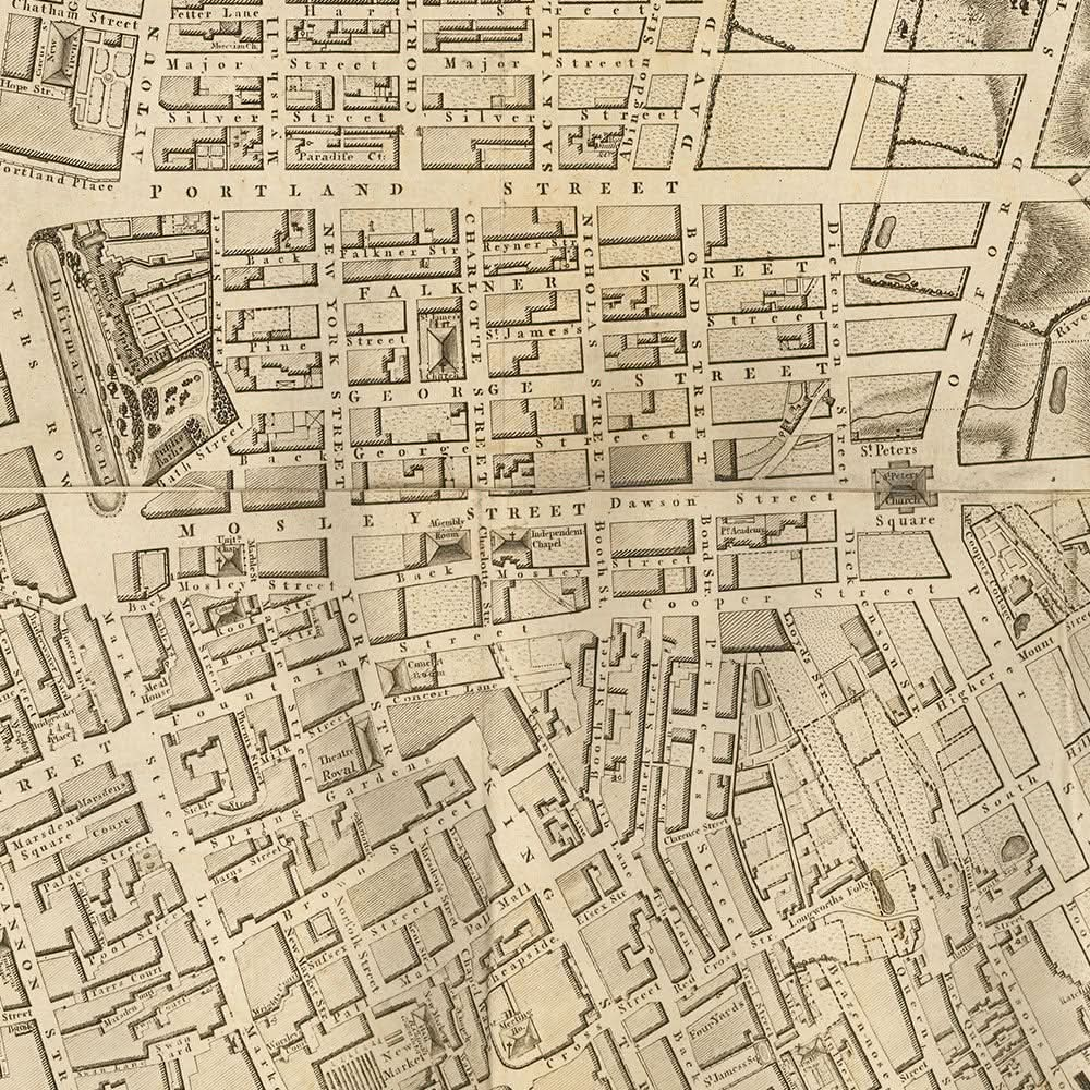 Old Map of Manchester by Laurent, 1793: Salford, Ancoats, Ardwick, River Irwell, River Medlock