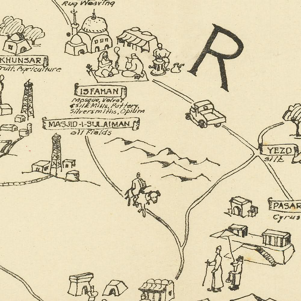 Mapa ilustrado antiguo de Irán realizado por el Comando del Golfo Pérsico, 1943: Teherán, Mar Caspio, Golfo Pérsico, Tejido de alfombras, Jardín del Edén