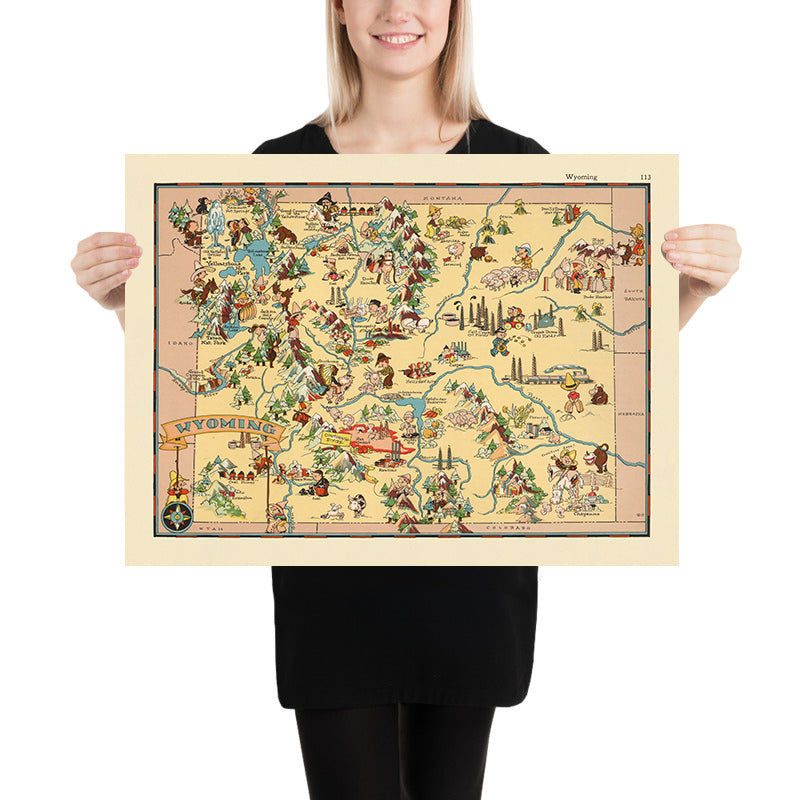 Mappa pittorica del Wyoming di Ruth Taylor White, 1935: Yellowstone, Grand Teton, Continental Divide, Wind River Range, Monti Bighorn 