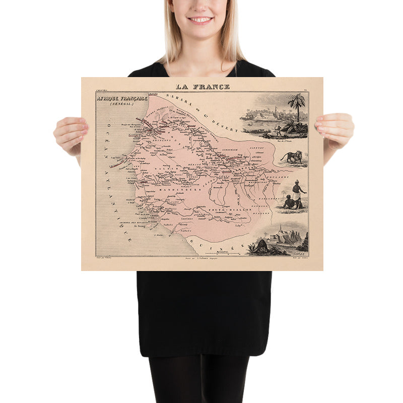 Old Map of Senegal (French Africa) by Vuillemin, 1869: Dakar, Saint-Louis, Senegal & Gambia Rivers, Colonial