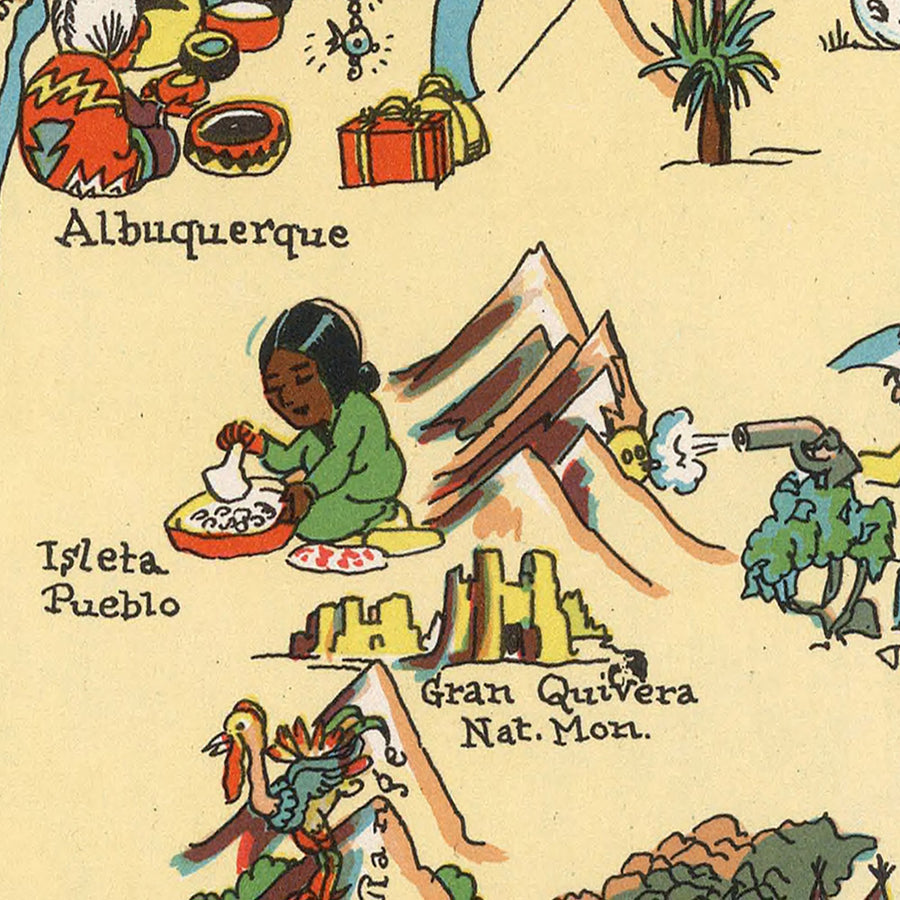Mappa Pittorica del New Mexico di Ruth Taylor White, 1935: Albuquerque, Santa Fe, Rio Grande, Cavità di Carlsbad, Foresta Nazionale di Gila 