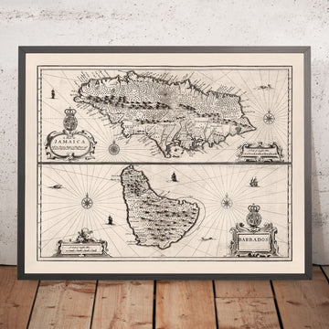 Alte Karte von Jamaika und Barbados von Speed, 1676: Port Royal, Bridgetown, Berge, Schiffe 