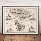Ancienne carte de la Jamaïque et de la Barbade par Speed, 1676 : Port Royal, Bridgetown, montagnes, navires 