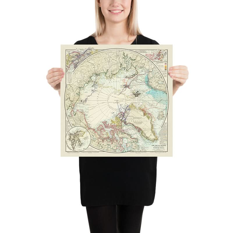 Antigua Mapa de la Exploración del Polo Norte, 1910: Ruta de Peary, Viajes Árticos 