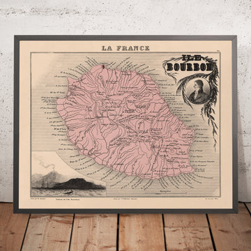 Antiguo mapa de la isla de Reunión de Vuillemin, 1869: volcán, Saint-Denis, Saint-Pierre, océano Índico, caña de azúcar 