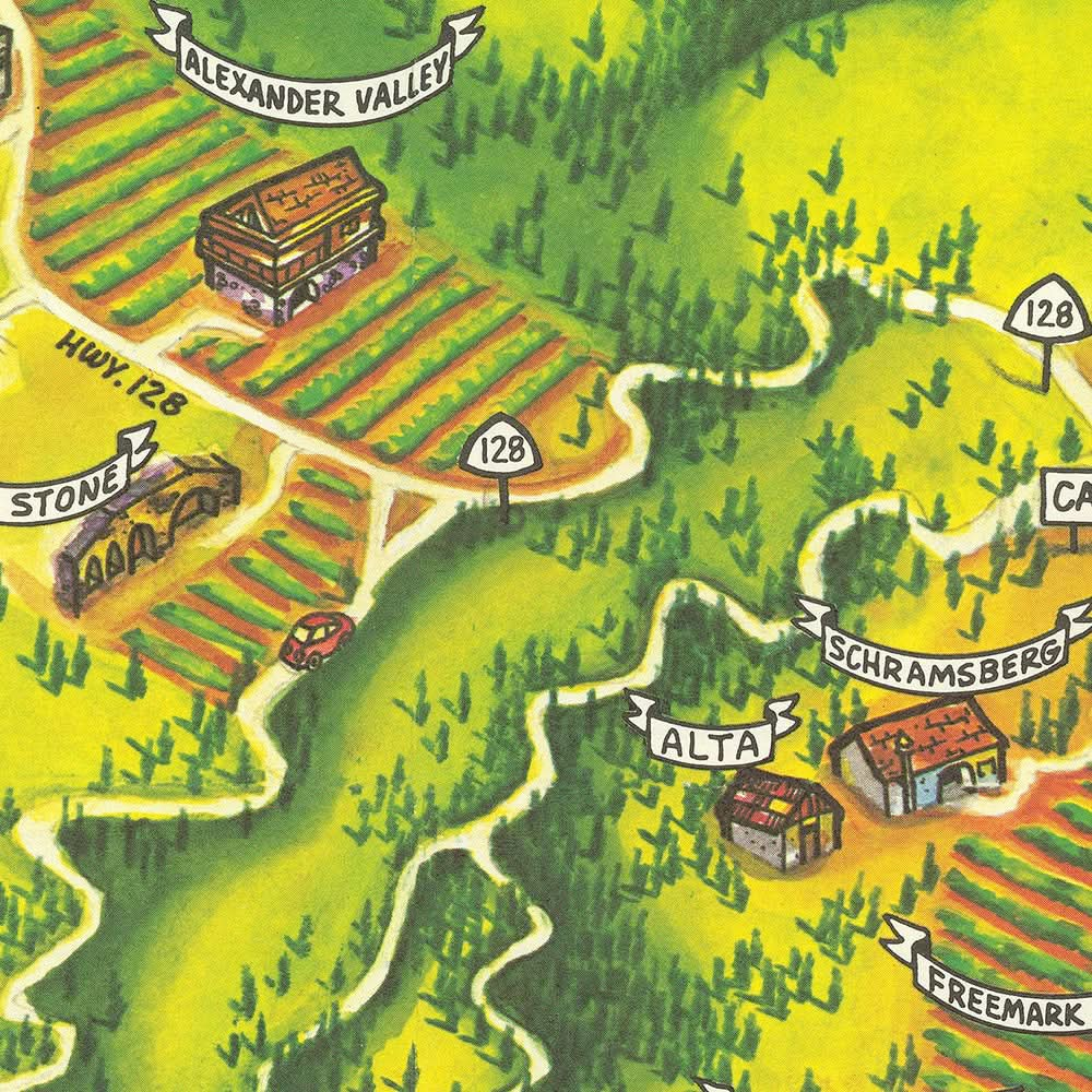 Mapa ilustrado antiguo de Napa y Sonoma, realizado por Morales en 1981: Napa, Santa Rosa, Sonoma, lago Berryessa y río Ruso