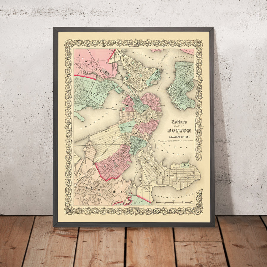 Mappa antica di Boston di Colton, 1866: Boston Common, State House, Porto di Boston, Cambridge, Charlestown 