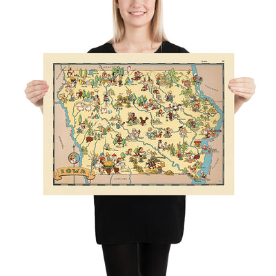 Pictorial Map of Iowa by Ruth Taylor White, 1935: Des Moines, Cedar Rapids, Davenport, Corn Farming, Mississippi River