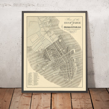 Old City Plan Map of Charleston SC by Keenan, 1844: Meeting & King Sts, Vendue Range, SC RR depot, 80 bldgs, 8 fire wells