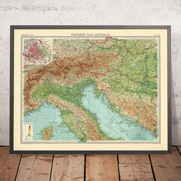 Antiguo mapa en relieve a color del norte de Italia y Austria, 1922: Milán, Venecia, Viena, Alpes, río Po 