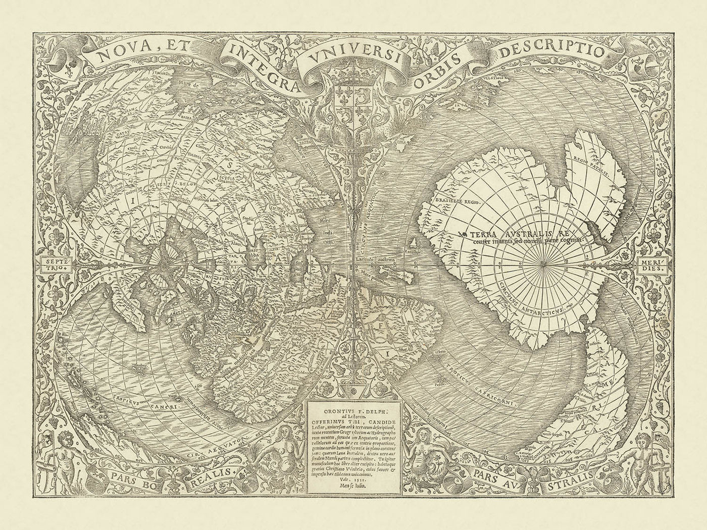 Old Double Cordiform Magellanic World Map by Oronce Fine, 1531: Magellan’s Sea, Terra Australis