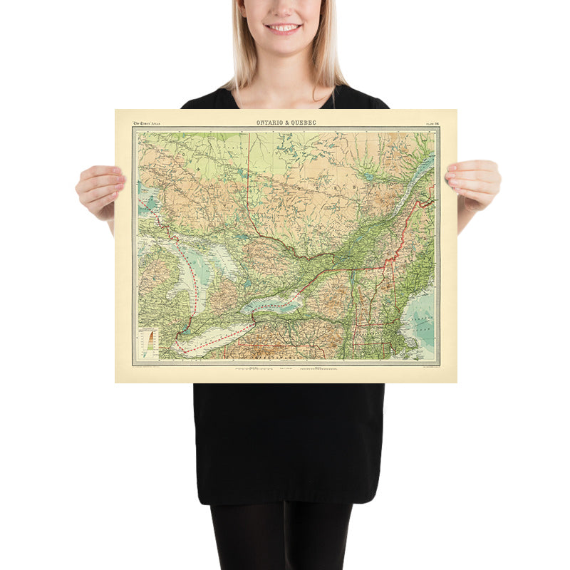 Old Map of Ontario & Quebec by Bartholomew, 1922 Toronto, Montreal, St. Lawrence River, Great Lakes