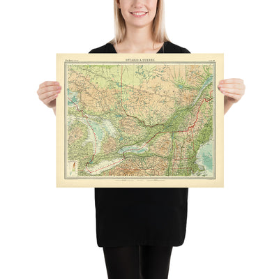 Old Map of Ontario & Quebec by Bartholomew, 1922 Toronto, Montreal, St. Lawrence River, Great Lakes