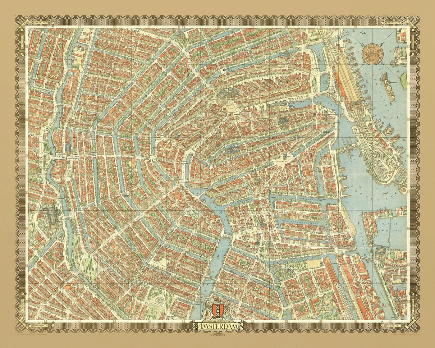 Ancienne carte à vol d'oiseau d'Amsterdam par Bollmann, 1971 : gare centrale, Jordaan, Vondelpark, canaux, églises