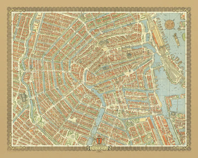 Ancienne carte à vol d'oiseau d'Amsterdam par Bollmann, 1971 : gare centrale, Jordaan, Vondelpark, canaux, églises