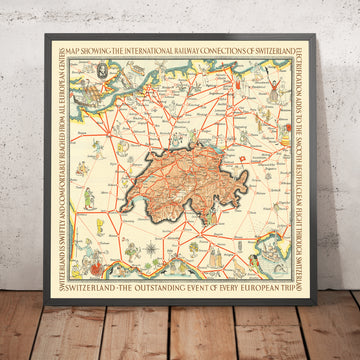 Antiguo mapa pictórico de Suiza de Gauchet, 1931: conexiones ferroviarias, Zúrich, Ginebra, Berna, Alpes 