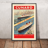 Póster de viaje de Nueva York: Cunard – El servicio oceánico más rápido del mundo, década de 1950 