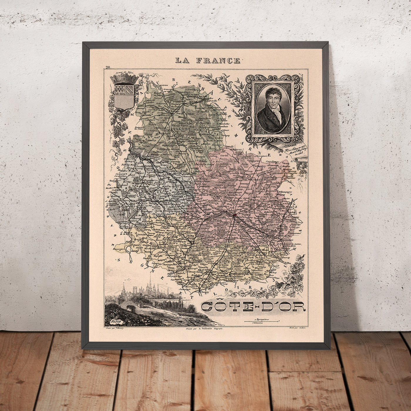 Old Map of Côte-d'Or by Vuillemin, 1869: Dijon, Beaune, Vineyards, Rivers, Coats-of-Arms