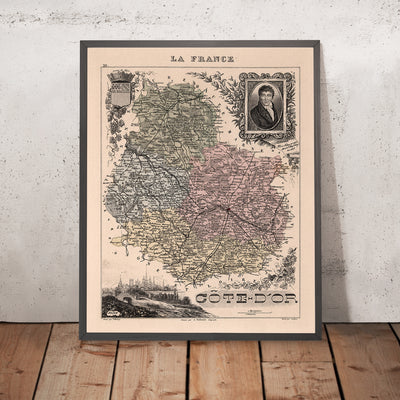 Old Map of Côte-d'Or by Vuillemin, 1869: Dijon, Beaune, Vineyards, Rivers, Coats-of-Arms