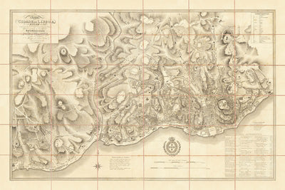 Alte Militärkarte von Lissabon, 1814: Jerónimos, Castelo de S. Jorge, Praça do Commercio, Tejo 