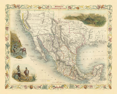 Old Map of Mexico, California & Texas by Tallis, 1851: Gold Rush, Texas Republic, Yucatan, Rio Grande, Pre-Gadsden Border