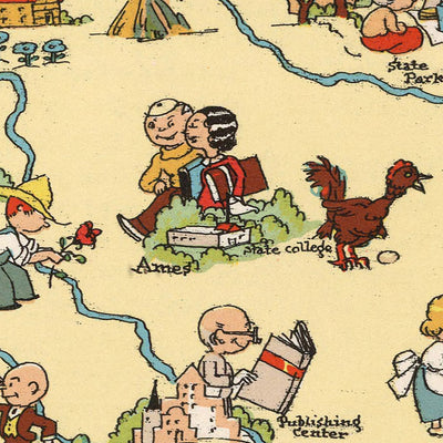 Pictorial Map of Iowa by Ruth Taylor White, 1935: Des Moines, Cedar Rapids, Davenport, Corn Farming, Mississippi River