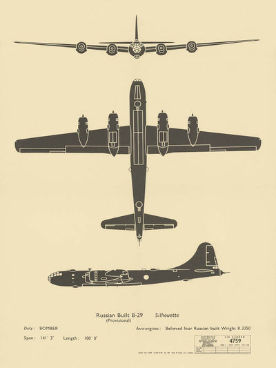 Tupolev Tu-4 (Russian B-29): Cold War Soviet Aircraft Identification Chart, 1948