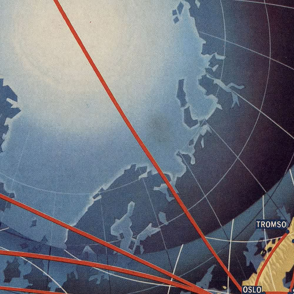 Mapa del Viejo Mundo con proyección polar de aerolíneas, realizado por SAS, 1960: diseño en espiral, rutas globales, era de la aviación.