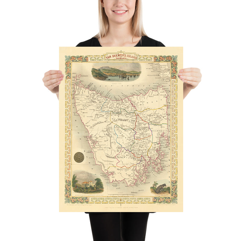 Old Map of Tasmania by Tallis, 1851: Van Diemen's Land, Hobart, Launceston, Bass Strait, Ben Lomond, Cape Grim