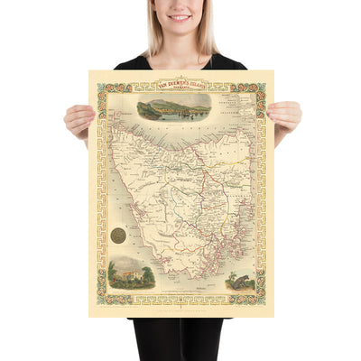 Old Map of Tasmania by Tallis, 1851: Van Diemen's Land, Hobart, Launceston, Bass Strait, Ben Lomond, Cape Grim