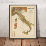 Gran mapa geológico antiguo de Italia de Virano e Teano, 1880: Alpes, Apeninos, Vesubio, Etna, río Po 