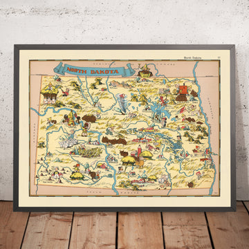 Piktogrammkarte von North Dakota von Ruth Taylor White, 1935: Fargo, Bismarck, Missouri River, Weizenfelder, Bisons 