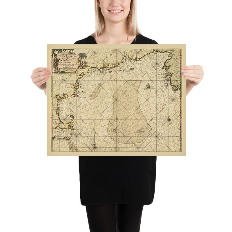 Old New England Nautical Chart by van Keulen, 1695: Cape Cod, Nantucket, Acadia (Nova Scotia)