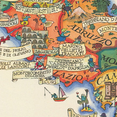 Mapa pictórico antiguo de Italia, 1976: Roma, Venecia, Mar Tirreno, regiones vinícolas, ilustraciones míticas