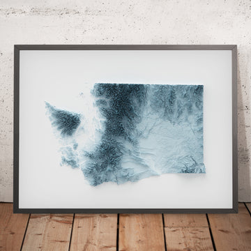 A framed image of a 3D style topographic relief map ofWashington State