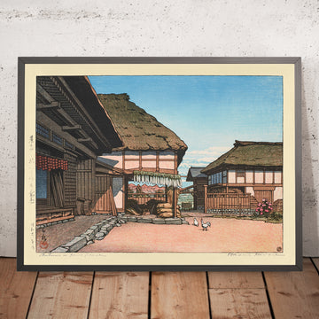 A framed image of Autumn at a Farmhouse in Ayashi, Miyagi by Hasui Kawase, 1935