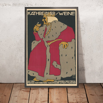 A framed image of Kathreiner Weine Vintage Wine Poster by Ludwig Hohlwein, 1913