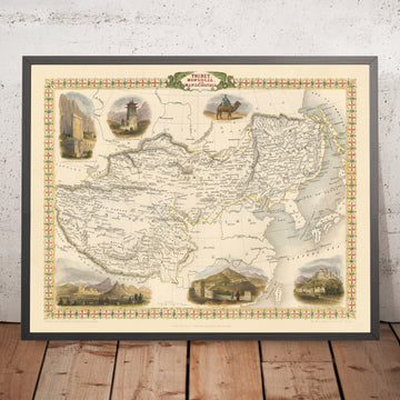 Vecchia mappa del Tibet, Mongolia e Manciuria di Tallis, 1851: Lhasa, Pechino, Grande Muraglia, Himalaya, Dalai Lama 