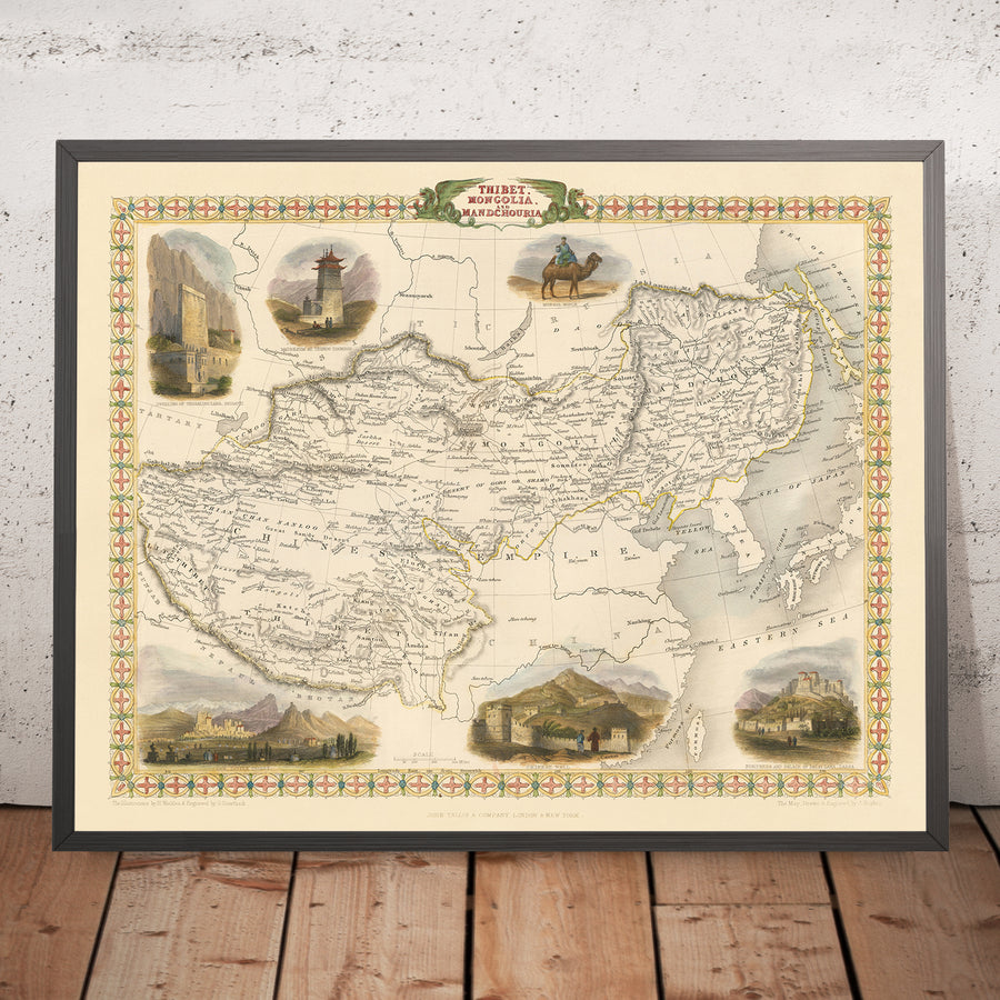 Ancienne carte du Tibet, de la Mongolie et de la Mandchourie par Tallis, 1851 : Lhassa, Pékin, Grande Muraille, Himalaya, Dalaï Lama 
