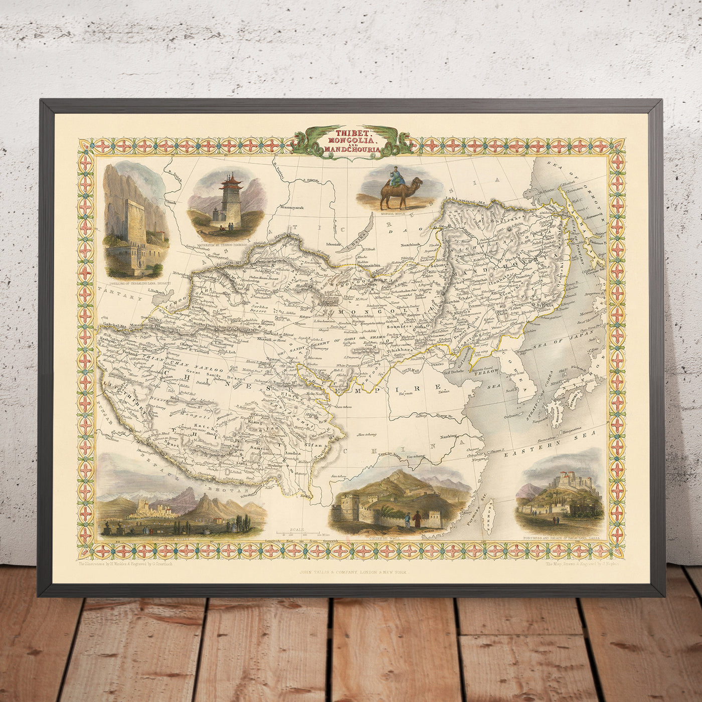 Old Map of Tibet, Mongolia & Manchuria by Tallis, 1851: Lhasa, Beijing, Great Wall, Himalayas, Dalai Lama
