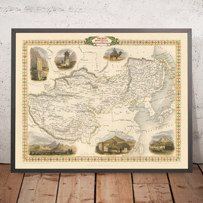 Old Map of Tibet, Mongolia & Manchuria by Tallis, 1851: Lhasa, Beijing, Great Wall, Himalayas, Dalai Lama