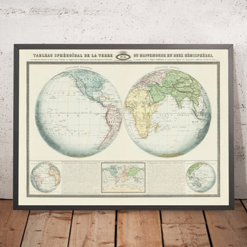 Old Double Spherical World Map by Garnier, 1860: Mercator inset; Political & Physical detail