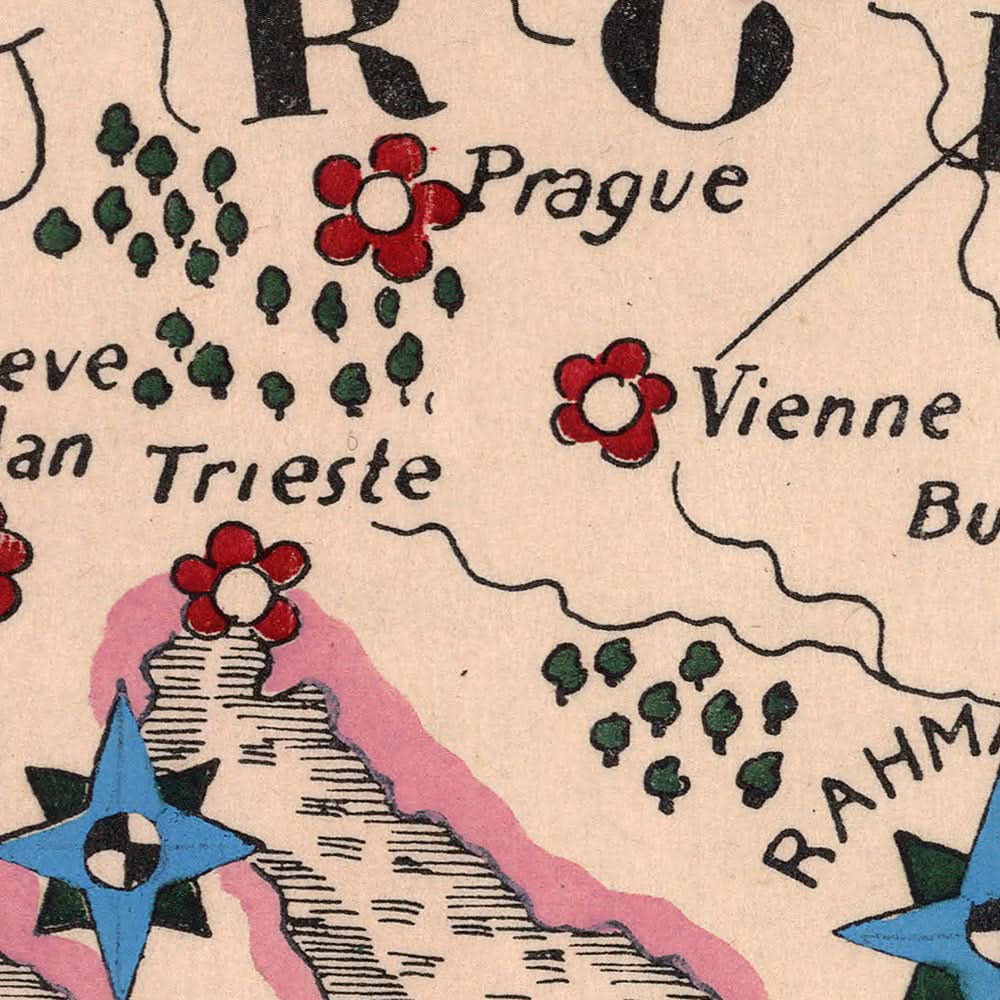 Old Map of Europe and North Africa by Mazuyer, 1931: Pictorial Style, Floral Border, Compass Rose