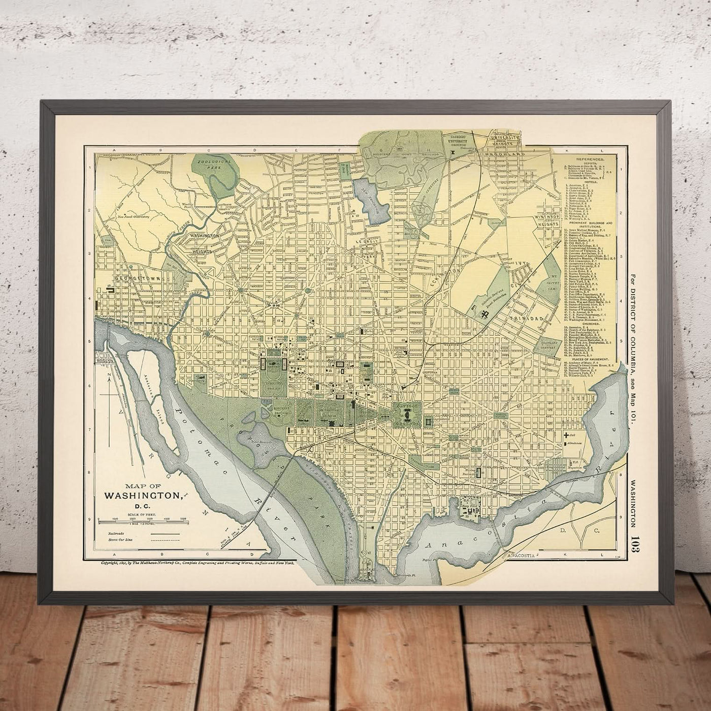 Mapa antiguo de Washington, DC, de Appleton, 1891: Capitolio, Casa Blanca, National Mall, Tidal Basin, Zoo Park