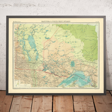 Antiguo mapa de Manitoba y el noroeste de Ontario de Bartholomew, 1922: Winnipeg, Thunder Bay, lago Winnipeg, bahía de Hudson 